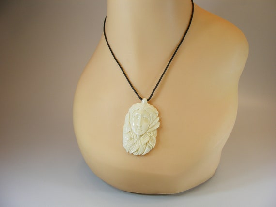 Hand Carved Indian Girl Bone Pendant, Necklace, C… - image 2