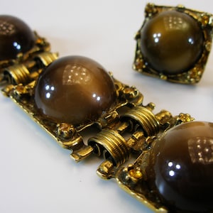 Jewelrys Set, Moon Glow Lucite Cabochons Panel Bracelet and Earrings Brass Bracelet and Earrings, Gift Jewelry