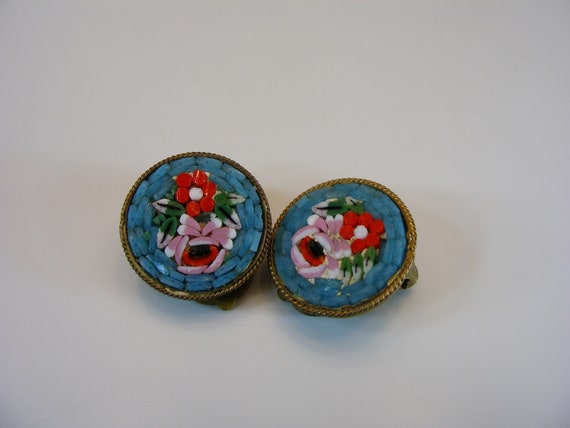 Micro Mosaic Italian Earrings Clips Flower Floral… - image 1