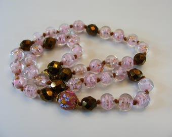 Pink Necklace Venetian Murano Gold Foiled Beads -Vintage Glass Necklace-Pink Art Glass-Italian Necklace