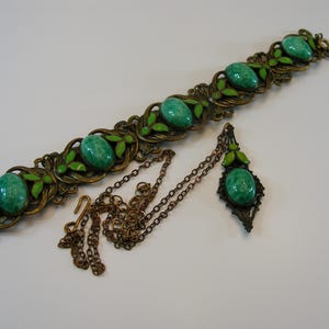 Max Neiger Jewelry Set, Czech Green Peking Glass Bracelet and 