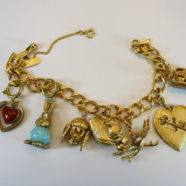 Pulsera vintage con dijes Monet, dijes de animales chapados en oro