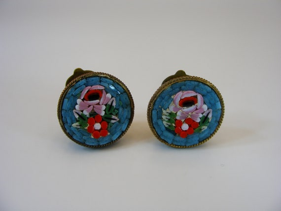 Micro Mosaic Italian Earrings Clips Flower Floral… - image 5