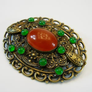 Antique Czech Art Deco Cabochon Crystal Filigree Pin Brooch, Stunning 1920 Antique Czech Brass Pin Brooch