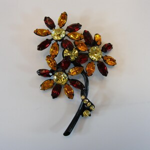 Vintage Japanned Brooch Large Flower Red Yellow Rhinestones, Unsigned Pin Brooch