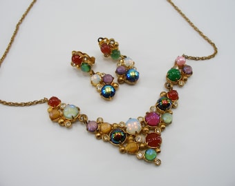 Vintage Czech Fruit Salad Glass Necklace Earrings Set, Multicolor Brass Cabochons