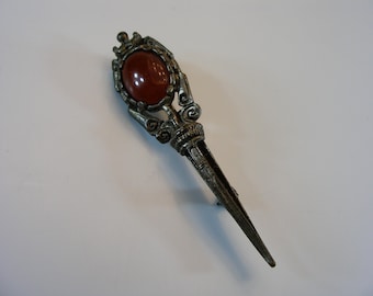 Vintage MIRACLE Brooch: Celtic Kilt Pin with Red Stone