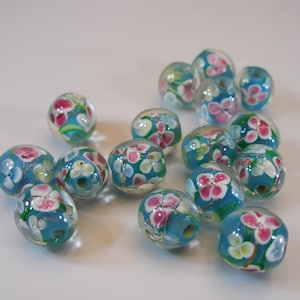 Craft Supplies-Vintage Lampwork Glass Baby Blue With Pink Flowers Beads Set for DIY Jewelry Making Crafts Findings-Beaded Necklace-Bracelet