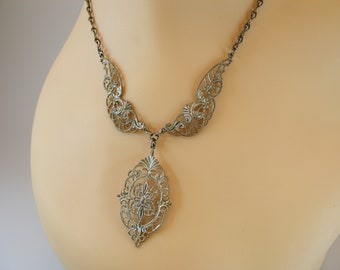 Antique Art Nouveau Sterling Silver Filigree Necklace 1900 - 1910