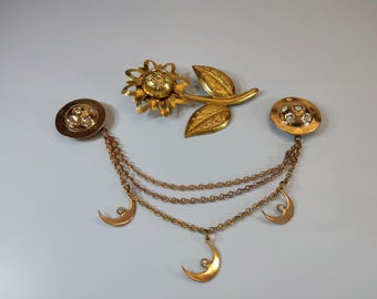 Vintage 1940s Sun Moon Star Rhinestone Brooch Pin, Gold Tone