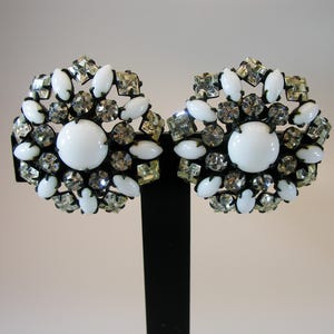 SCHREINER Marked Earrings White Moonglow Milk Glass with Clear Rhinestones in Japanned Setting Earrings