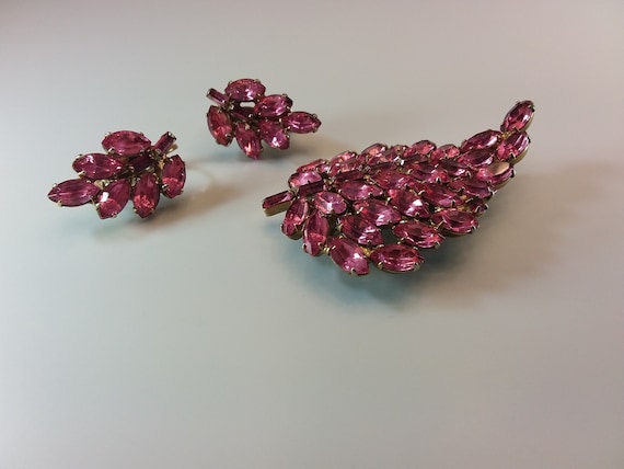 Pink Crystals Leaf Brooch Earrings Set Pink Glass… - image 1