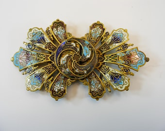 Antike viktorianische Gürtelschnalle aus Messing und Emaille, Champlevé-Blumenmuster