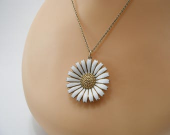 Large GEORG JENSEN Daisy Pendant Sterling Silver 925 And White Enamel Pendant, Gold Plated, Vintage, 33mm