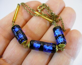 Sautoir Art Nouveau Collier Perles De Verre Bleu Vintage Années 1900