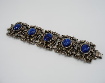 Vintage Selro Selini Wide Filigree Bracelet Blue Lucite Rhinestones Statement Jewelry