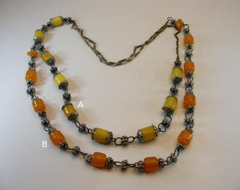 Vintage Honey Bakelite Beaded Necklace, Moroccan Silver Chain, 1960s