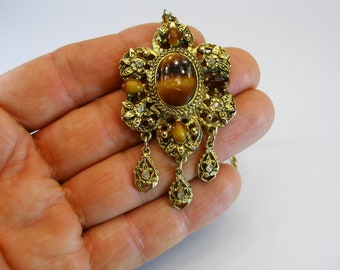 Vintage Maltese Cross Large Pendant Necklace Solid Jewellery Gold Faux Tigers Eye