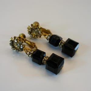 MIRIAM HASKELL Dangle Drop Earrings-1940‘s Black Cube Crystal-Screw Earrings-Designer Signed Earrings