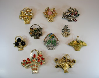 Lot of 10 Vintage Flower Basket Garden Brooches, Floral Filigree brooch