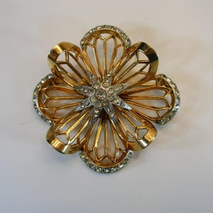 Vintage Jeray Rhinestone Flower Brooch, 1940s Floral Gold Tone Fan Clip