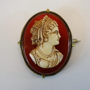 Victorian Red White Vintage Brass Glass And Celluloid Cameo Brooch-Revival Brooches-Filigree Vintage Jewelry-Old Cameo-Jewelry-Oval brooch