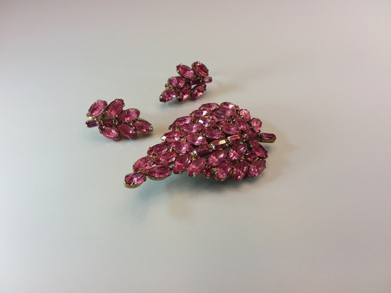 Pink Crystals Leaf Brooch Earrings Set Pink Glass… - image 6