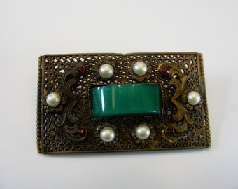 Vintage Czech or Chinese export style Art Deco green Peking glass pearl and rhinestone brooch in brass filigree