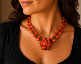Signed Rare MIRIAM HASKELL Faux Coral Filigree Necklace, Coral Pate De Verde Glass Bead