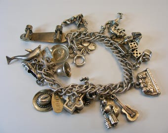18 Charms Sterling Silver Charm Bracelet by DAMECRAFT- Vintage Signed By Bell Chain Link
