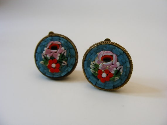 Micro Mosaic Italian Earrings Clips Flower Floral… - image 7