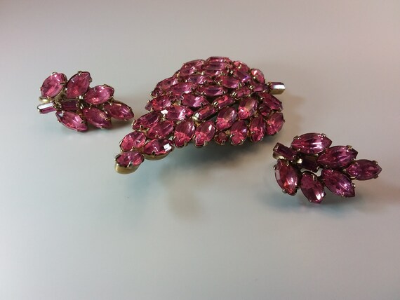 Pink Crystals Leaf Brooch Earrings Set Pink Glass… - image 2