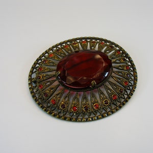Large Stunning Edwardian 1920 Czech Filigree Rhinestone Brooch, Red Crystal Brooch ,Czech Antique Round Brooch