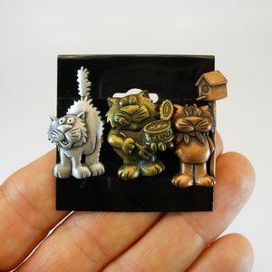 Set 3pcs Cats Brooches Vintage JJ Signed Brushed Brass Silver Tone Cat Pins - Signed JJ, Jonette Jewelry