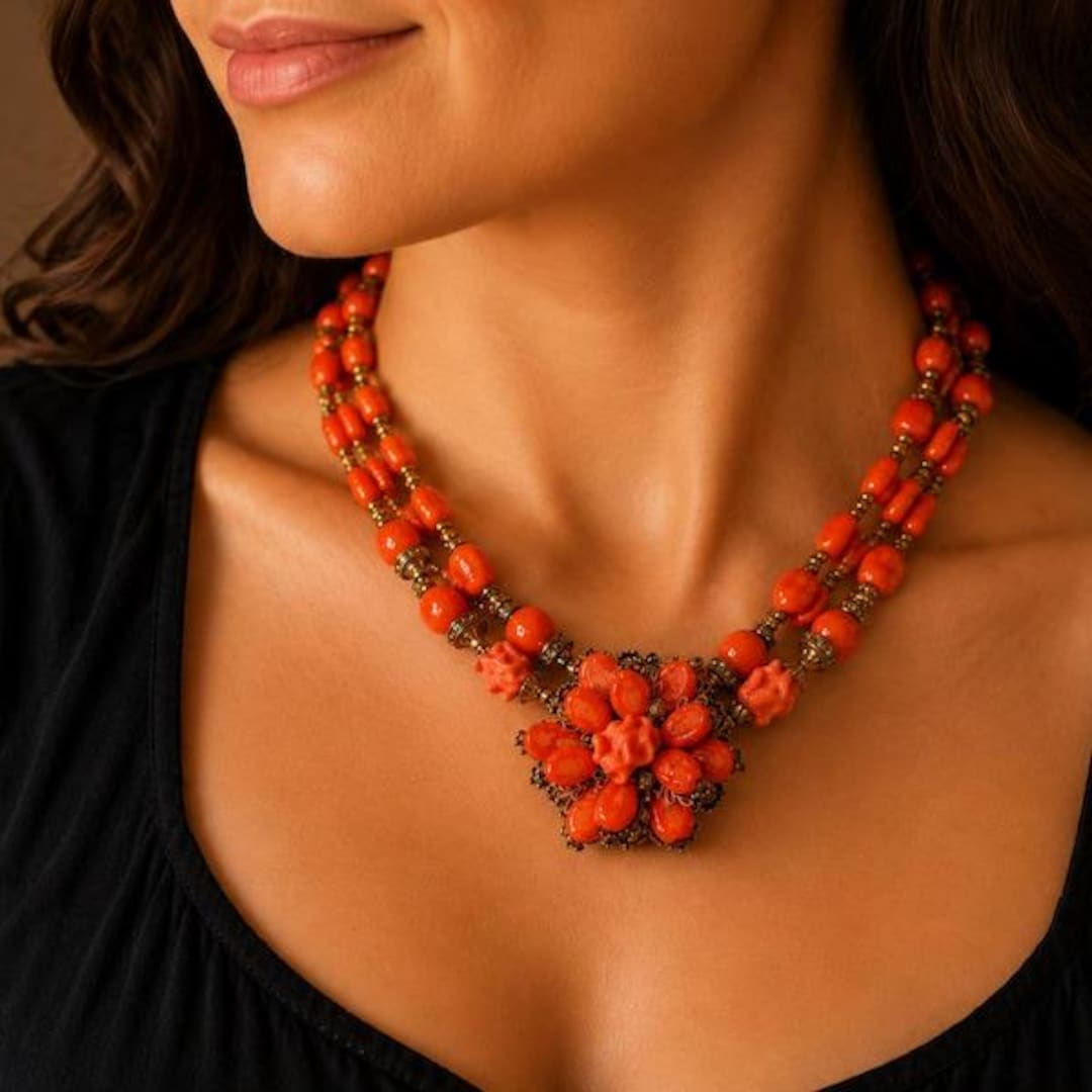 Signed Rare MIRIAM HASKELL Faux Coral Filigree Necklace, Coral