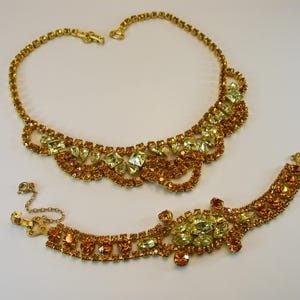 Set Necklace And Bracelet--Czech Faux Citrine Glass Crystal Necklace Choler with Matching Bracelet Set-Made in Czechoslovakia