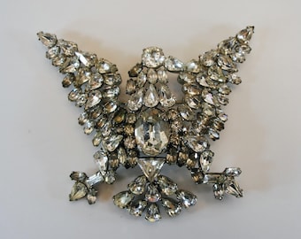 Vintage SCHREINER Glass Silver Tone Eagle Brooch, Unsigned