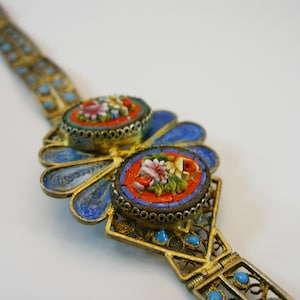 Micro Mosaic Italian Filigree Bracelet, Arm Bracelet, Hand Jewelry, Antique Italy Enamel Porcelain Glass Jewelry