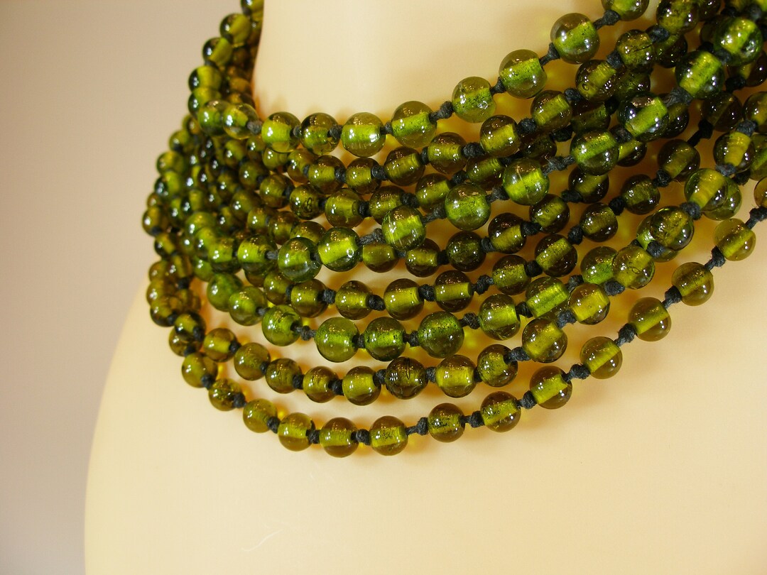 3pcs Green Beads Necklace, Long Vintage Necklace, Round Cut, Green