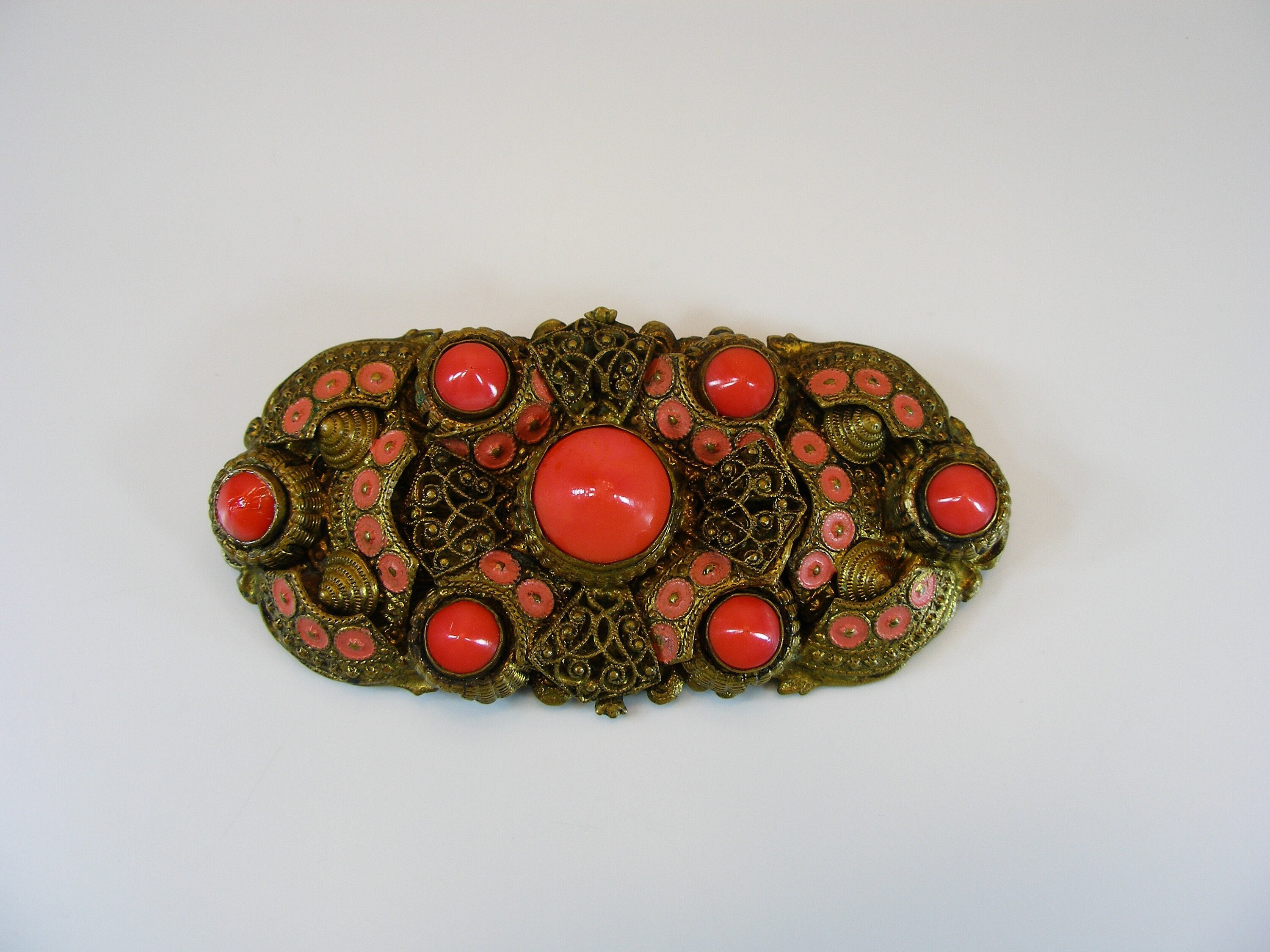 Art Deco Czech Max Neiger Orange Bullet Rhinestones Filigree