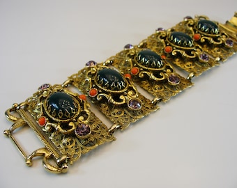 Vintage Selro Mogul Bracelet, Wide Filigree Panel with Rhinestones