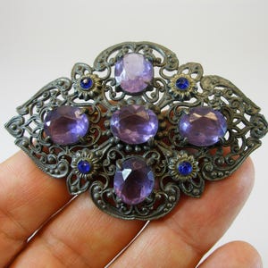 Czech Art Deco 1920 Stunning Brooch-Amethyst Color Czech Lucite Glass Set In Pewter-Oval-Czech Antique Brooch