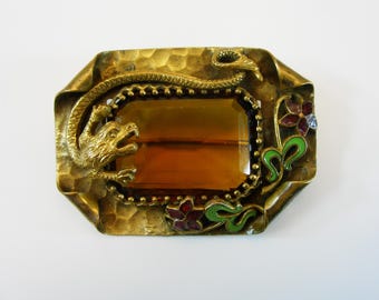 Antique Victorian Brass Dragon Brooch, Amber Crystal Filigree