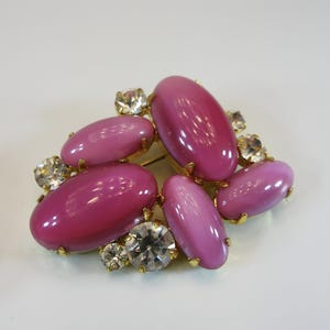 Brooch Art Glass Pink Cabochon With Crystals, Vintage Brooches Costume Jewellery Jewelry