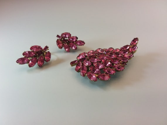 Pink Crystals Leaf Brooch Earrings Set Pink Glass… - image 5