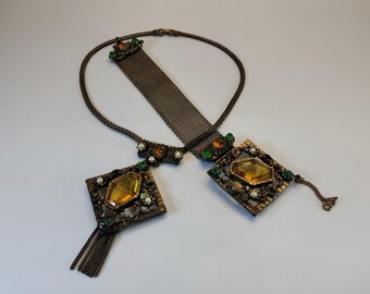 Ensemble ras de cou et bracelet vintage, austro-hongrois des années 30 style néo-bohème doré antique, cabochon en verre et cabochon en verre perlé
