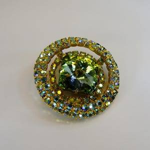 Czech Vintage Uranium Brooch-Watermelon Rivoli AB Rhinestone-Vintage Pin Costume Jewelry-Dress Jewelry-Uranium Shiny Crystal Rhinestones