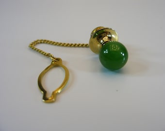 Vintage groene jade stropdas Tack met ketting, klassieke preppy gouden groene heren stropdas Tack, bruiloft formele gebeurtenis heren sieraden