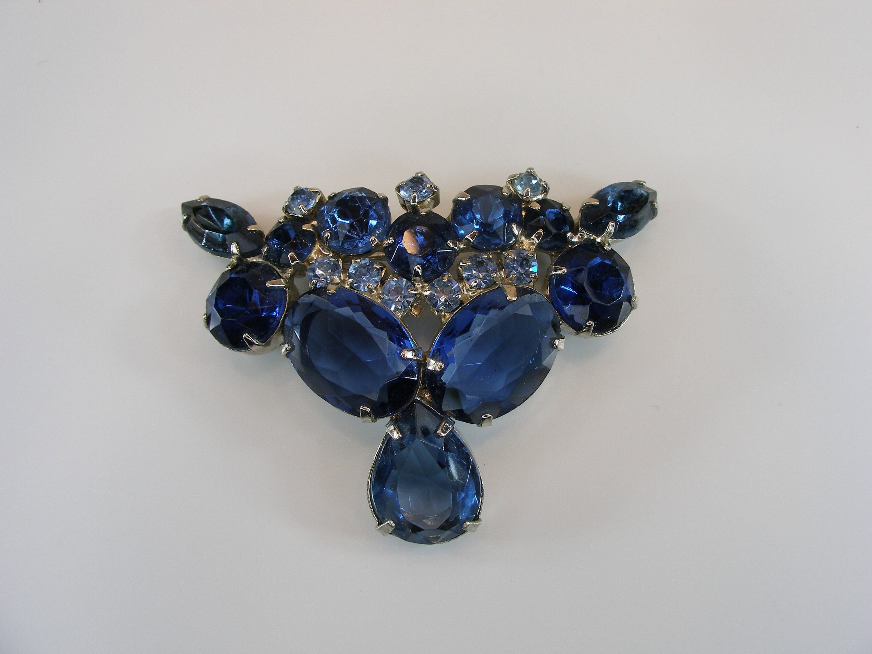 Authentic JULIANA, Navy Blue Juliana D&E Rhinestone Brooch Floral Spray Various Sizes Cuts Navy Stones Silver Tone Metal Gift for Her