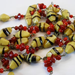 Necklace Venetian Murano Glass Art Glass-50 inches Long Red Beige Beaded Necklace-Vintage Necklace-Italian Necklace